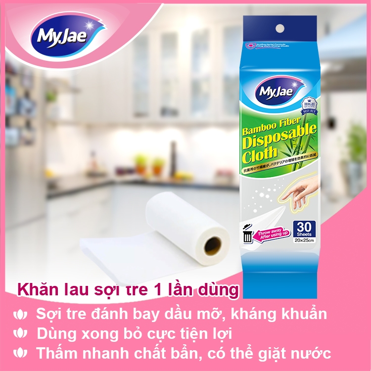 [1 THÙNG-32 BỊCH] Khăn lau sợi tre MyJae lau chùi tiện lợi, đánh bay dầu mỡ 20cm x 25cm (30 Tờ/Bịch)