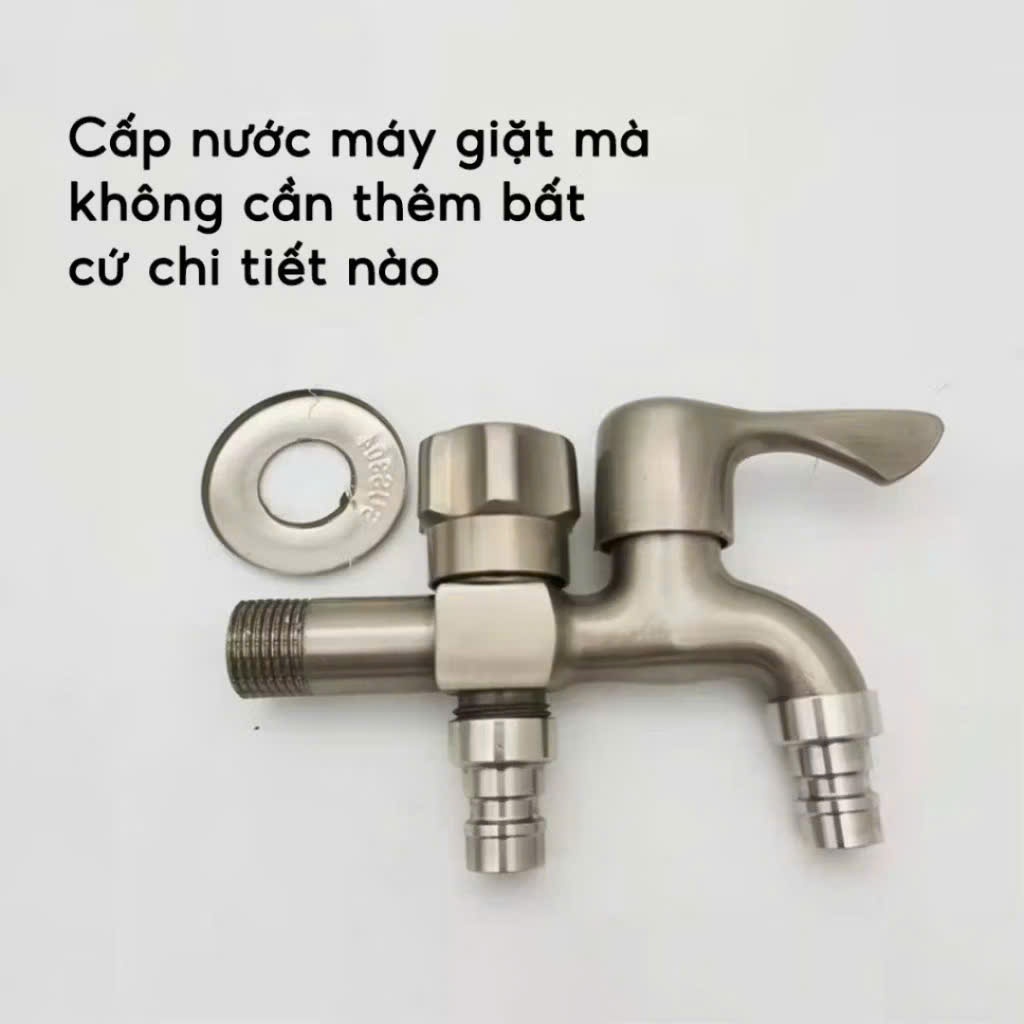Vòi nước inox 304 2 đầu ra – Chia nước cho máy giặt, 2 cổng xả riêng biệt, chống gỉ bền lâu