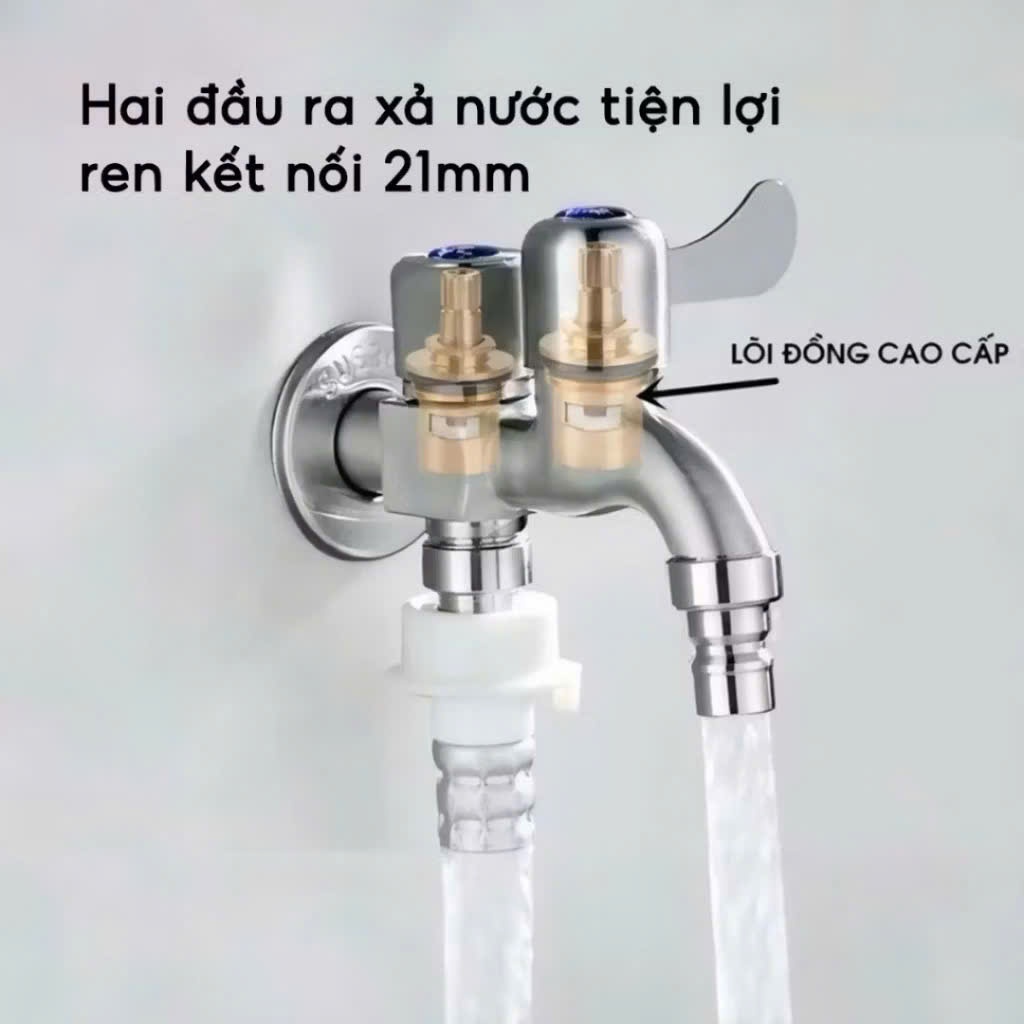 Vòi nước inox 304 2 đầu ra – Chia nước cho máy giặt, 2 cổng xả riêng biệt, chống gỉ bền lâu