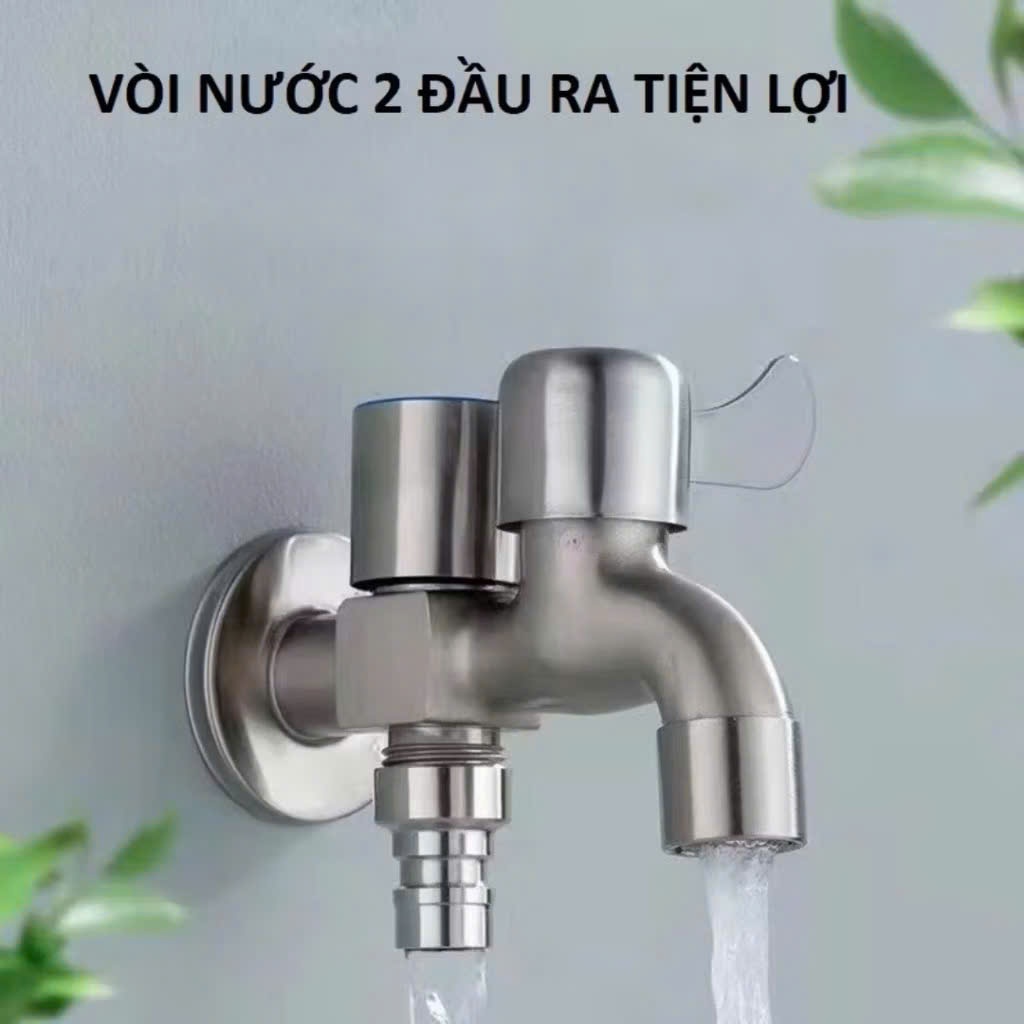 Vòi nước inox 304 2 đầu ra – Chia nước cho máy giặt, 2 cổng xả riêng biệt, chống gỉ bền lâu