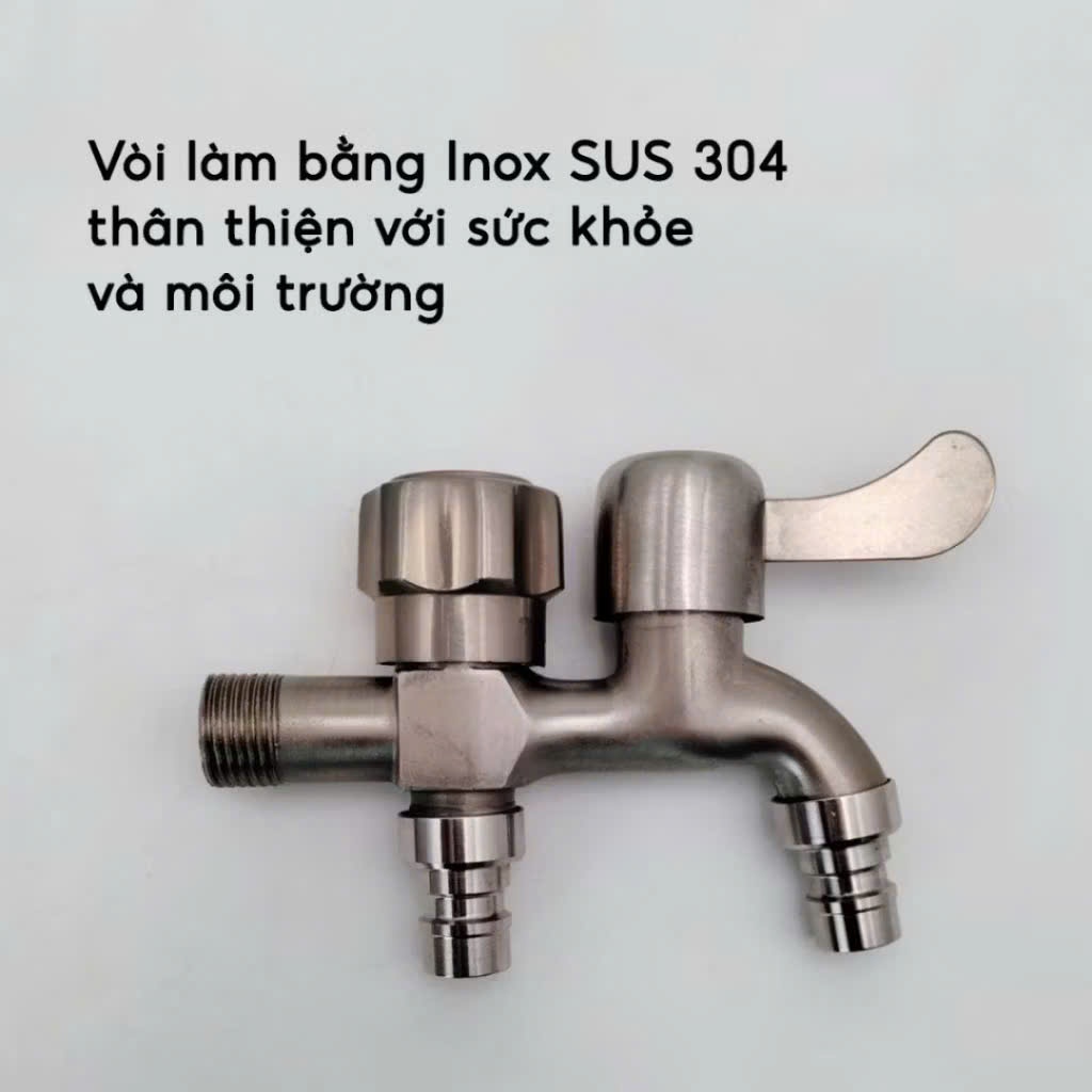 Vòi nước inox 304 2 đầu ra – Chia nước cho máy giặt, 2 cổng xả riêng biệt, chống gỉ bền lâu