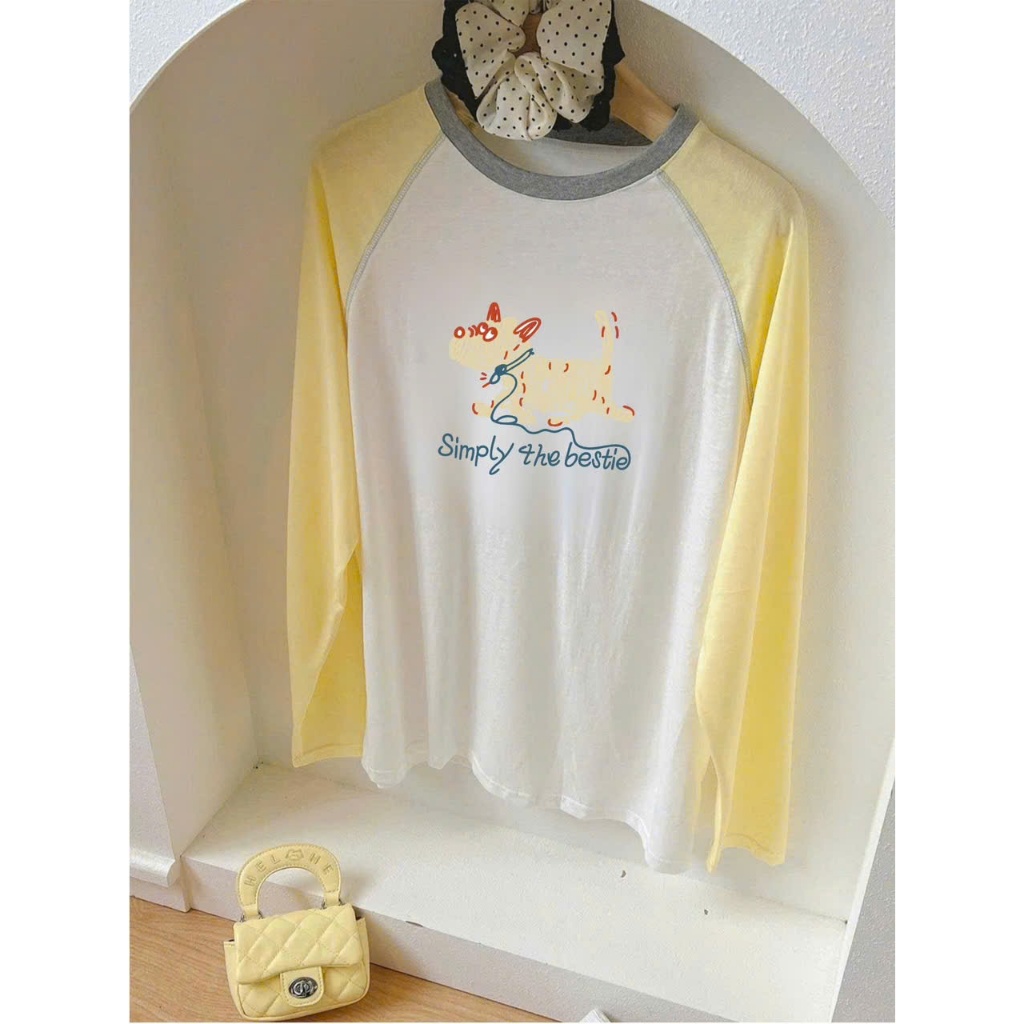 Áo thun nữ dài tay phối màu vàng trẻ trung, in hình xinh xắn JULY FASHION, Áo thun tay dài nữ chất thun xượt mềm mại