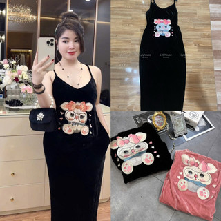 Váy nhung the hai dây thêu thỏ đeo kính cute dáng xuông quả lê