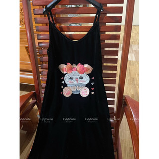 Váy nhung the hai dây thêu thỏ đeo kính cute dáng xuông quả lê