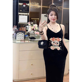 Váy nhung the hai dây thêu thỏ đeo kính cute dáng xuông quả lê