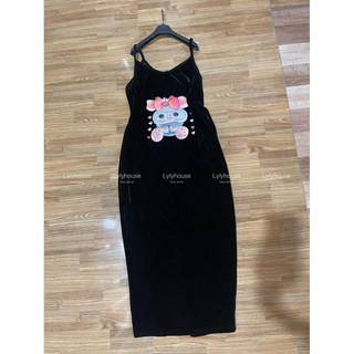 Váy nhung the hai dây thêu thỏ đeo kính cute dáng xuông quả lê