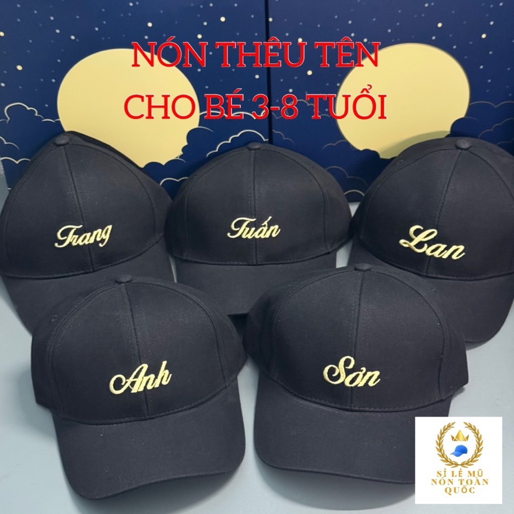 Mũ kết kaki thêu tên cho bé 3-8 tuổi - nón lưỡi trai đen phối thêu nhiều chữ tên cho bé siêu đẹp