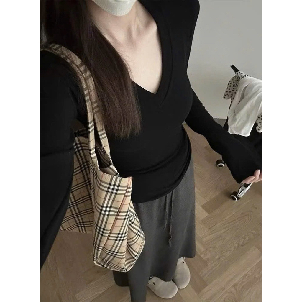Áo thun dài tay cổ tim co dãn cotton ôm body siêu co dãn mịn mát cho nữ
