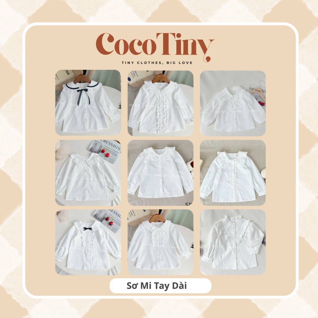 [Coco Tiny] Áo sơ mi trắng tay dài cho bé gái – Chất liệu thô cotton Hàn thoáng mát, thấm hút mồ hôi, chuẩn đồng phục