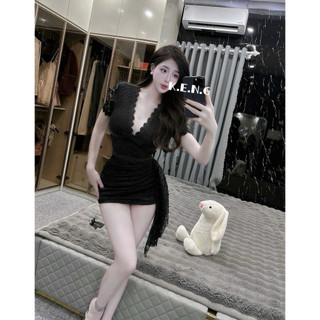 Set đầm body ren nơ cổ V phối vạt slay sexy a24