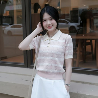 Áo Len Polo Nữ – Kẻ Sọc Ngắn Tay, Cổ V 3 Cúc Hoa Sen, Chất Len Dày Quảng Châu Gemini