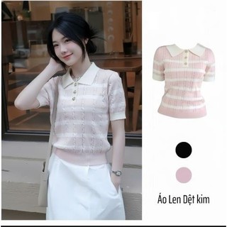 Áo Len Polo Nữ – Kẻ Sọc Ngắn Tay, Cổ V 3 Cúc Hoa Sen, Chất Len Dày Quảng Châu Gemini