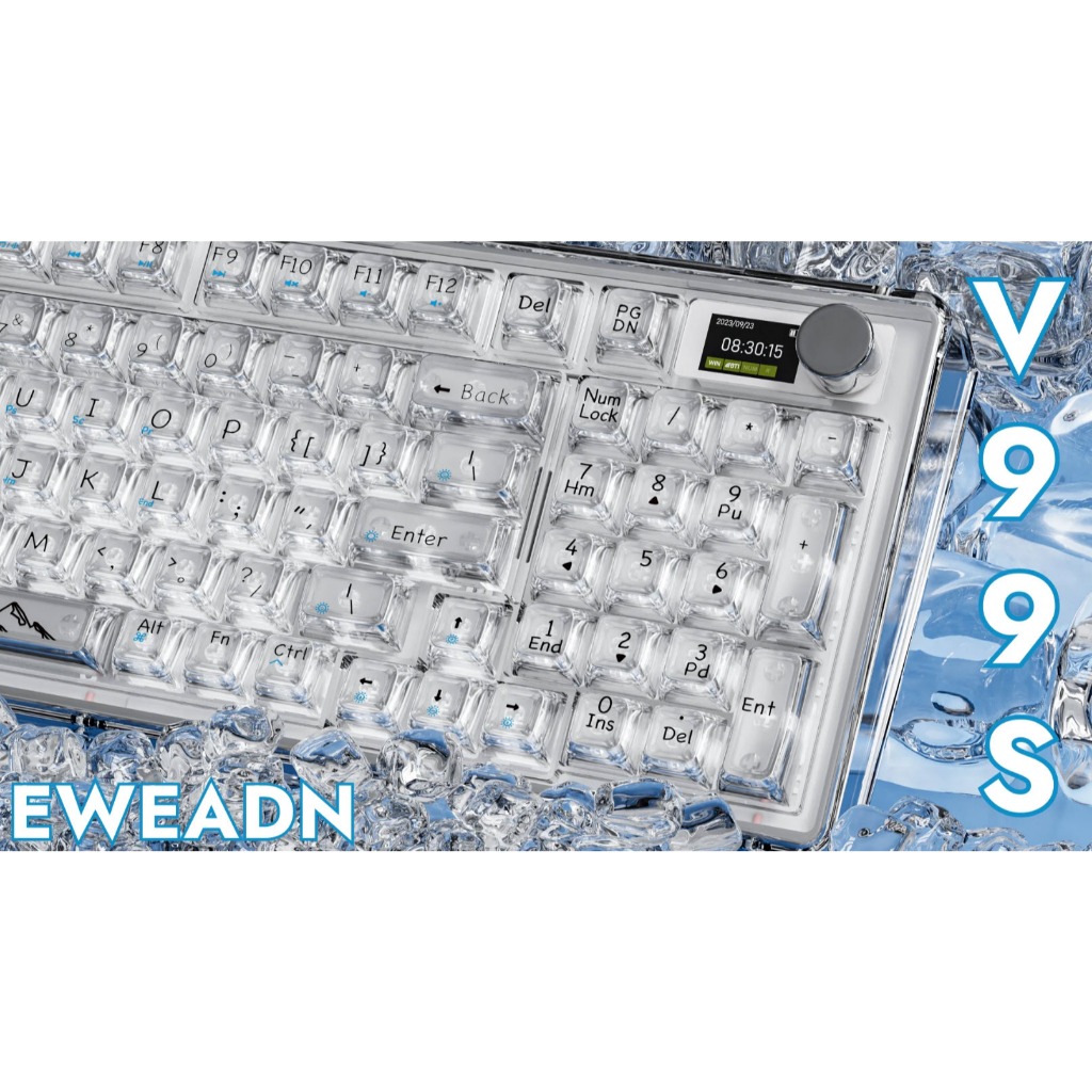 Bàn phím cơ không dây ba chế độ trong suốt EWEADN V99PRO RGB, có núm xoay chơi game