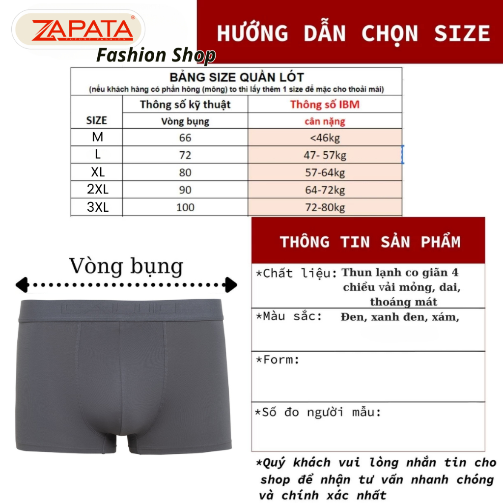 [HỘP 3 QUẦN] Quần lót nam ZAPATA Boxer Bamboo cao cấp, form ôm tôn dáng, lưng logo nổi bật