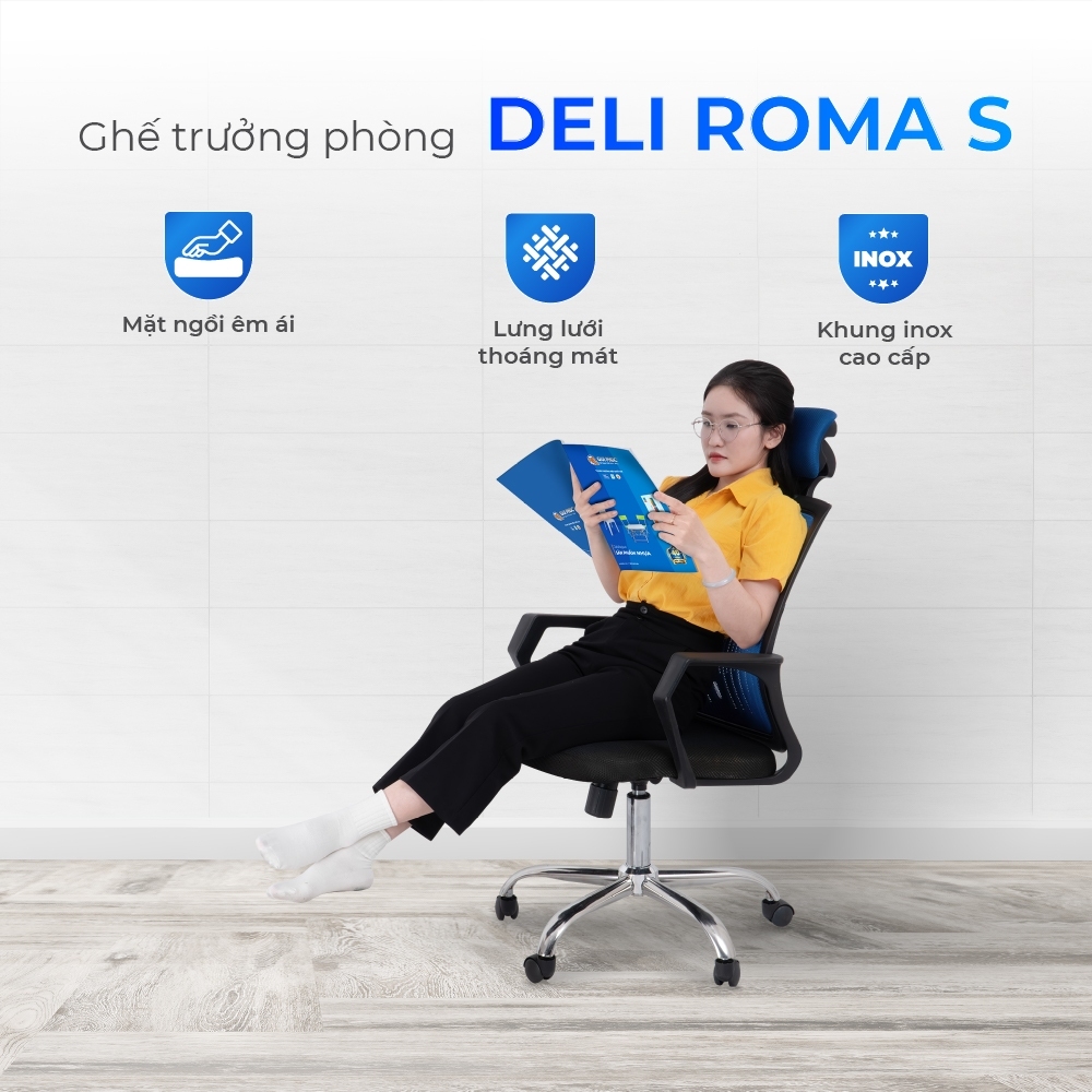 [FREESHIP] Ghế văn phòng Deli Roma QUI PHÚC, nâng hạ thoải mái, xoay 360 độ, linh hoạt, chắc chắn, tiện lợi