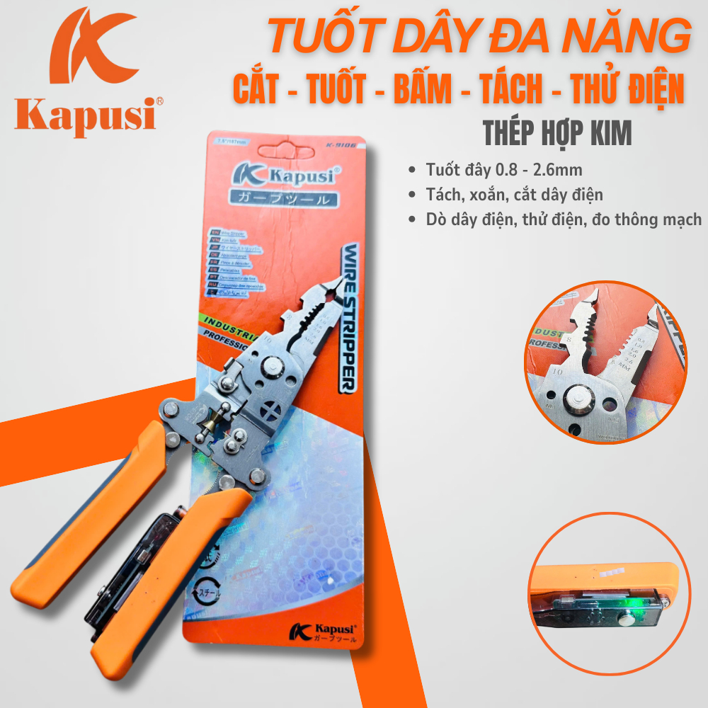 Kìm Tuốt Dây Đa Năng Có Đèn 15 in 1 Kapusi K9106 – Cắt, Tuốt, Bấm, Tách Dây, Cắt Dây Thép, Thử Điện