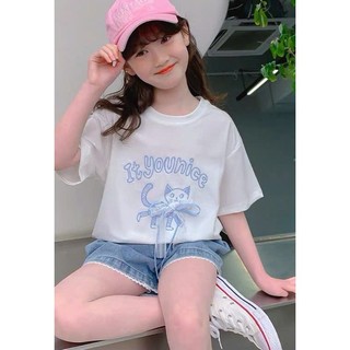[B&G] Sét bộ áo thun trắng cotton kèm quần đùi jean đi học mặc nhà cho bé gái từ 10-45kg