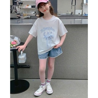 [B&G] Sét bộ áo thun trắng cotton kèm quần đùi jean đi học mặc nhà cho bé gái từ 10-45kg