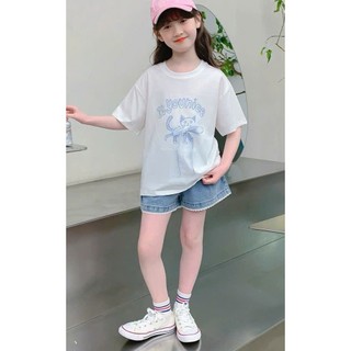[B&G] Sét bộ áo thun trắng cotton kèm quần đùi jean đi học mặc nhà cho bé gái từ 10-45kg
