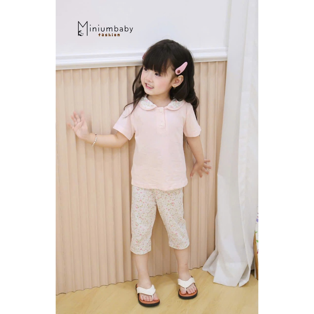 Set bộ cộc tay quần lửng bé gái Miniumbaby dáng cổ sen, chất cotton mềm mịn bé từ 1 - 6 tuổi SB1839