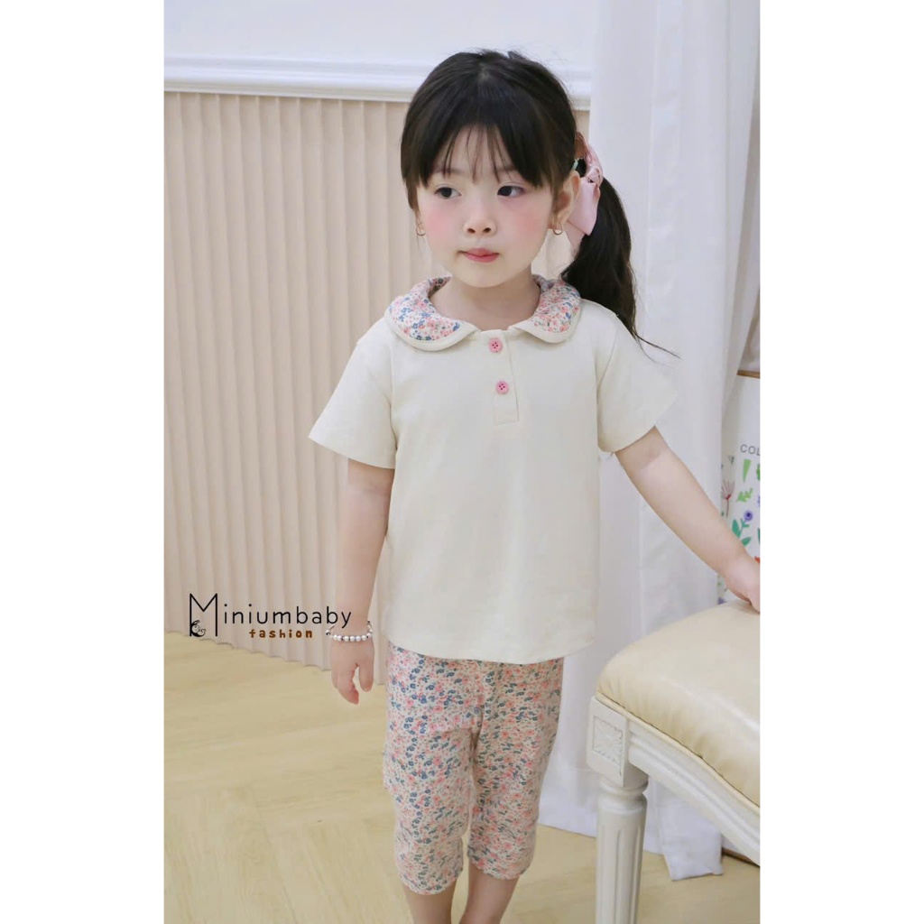 Set bộ cộc tay cổ sen bé gái Miniumbaby dáng quần lửng, thiết kế điệu đà, chất cotton mềm mát SB2151