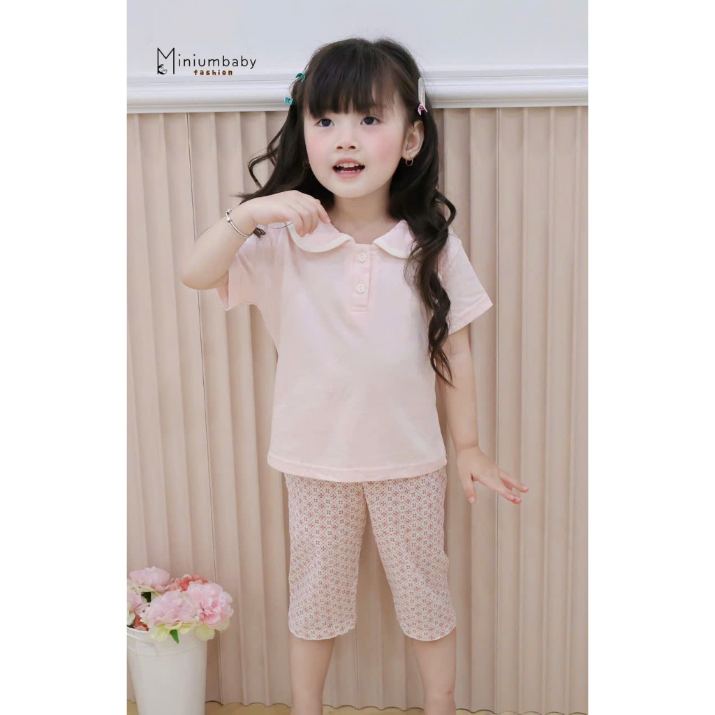 Set bộ cộc tay quần lửng bé gái Miniumbaby dáng cổ sen, chất cotton mềm mịn bé từ 1 - 6 tuổi SB1839