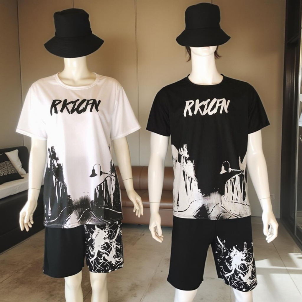 Bộ quần áo nam tay ngắn quần sọt in họa tiết cây cầu RKICFN hai màu đen trắng trẻ trung 4 size K1