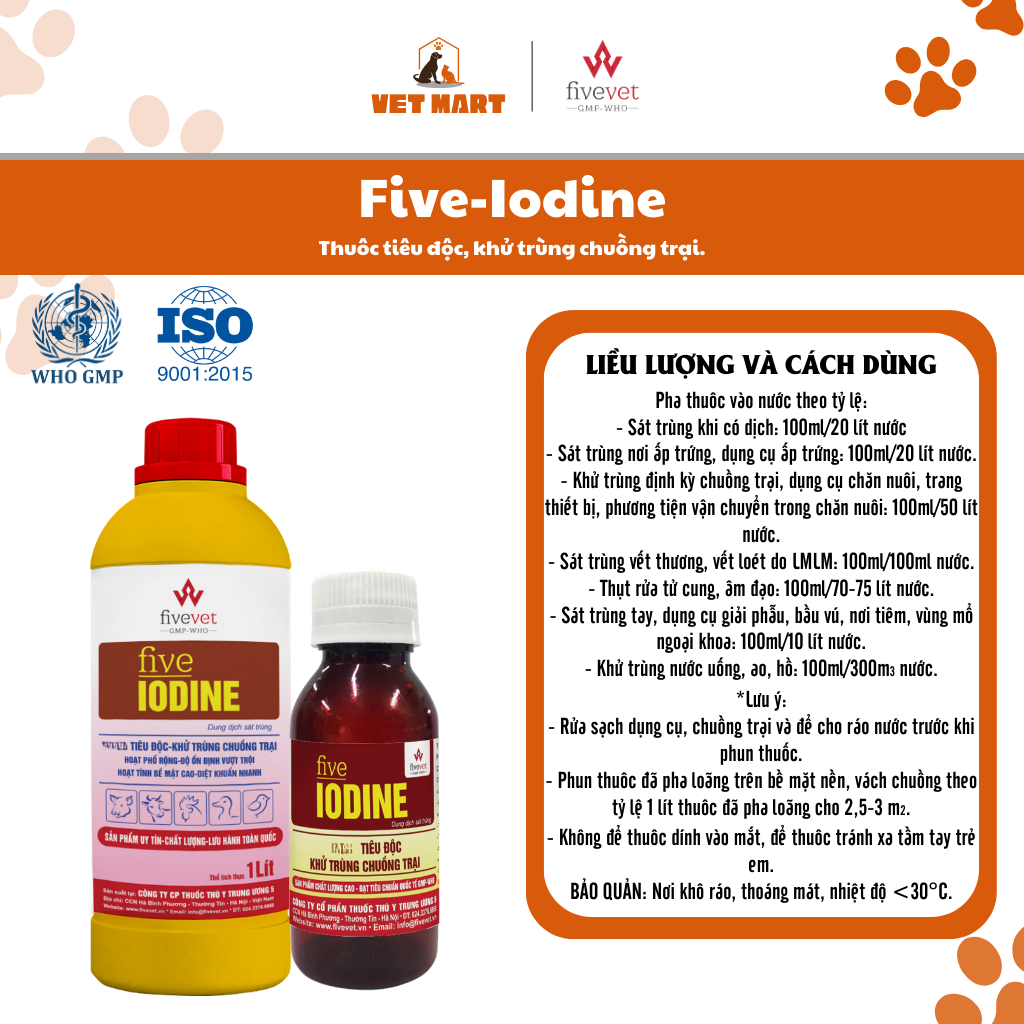 Dung dịch sát khuẩn Five-Iodine Khử trùng chuồng trại cho Gà, Vịt, Ngan, Ngỗng, Chim Cút, Bồ Câu