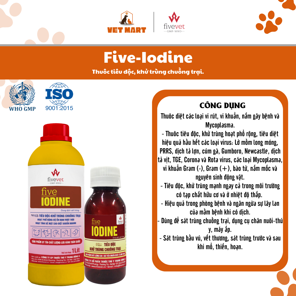 Dung dịch sát khuẩn Five-Iodine Khử trùng chuồng trại cho Gà, Vịt, Ngan, Ngỗng, Chim Cút, Bồ Câu