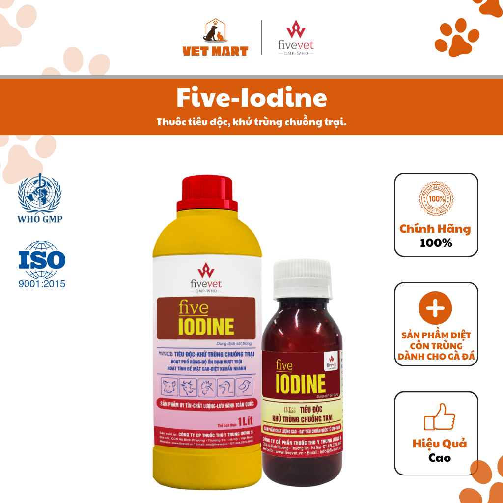 Dung dịch sát khuẩn Five-Iodine Khử trùng chuồng trại cho Gà, Vịt, Ngan, Ngỗng, Chim Cút, Bồ Câu