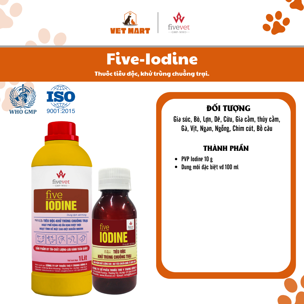 Dung dịch sát khuẩn Five-Iodine Khử trùng chuồng trại cho Gà, Vịt, Ngan, Ngỗng, Chim Cút, Bồ Câu