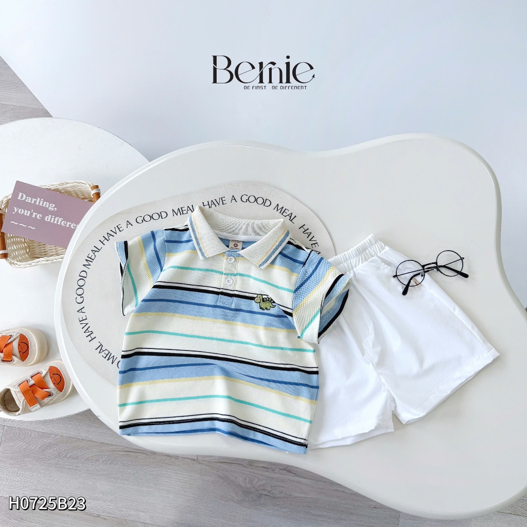 Bộ polo kẻ ngang thêu khủng long xanh, set polo cotton co dãn phối quần gió sành điệu H0725B23