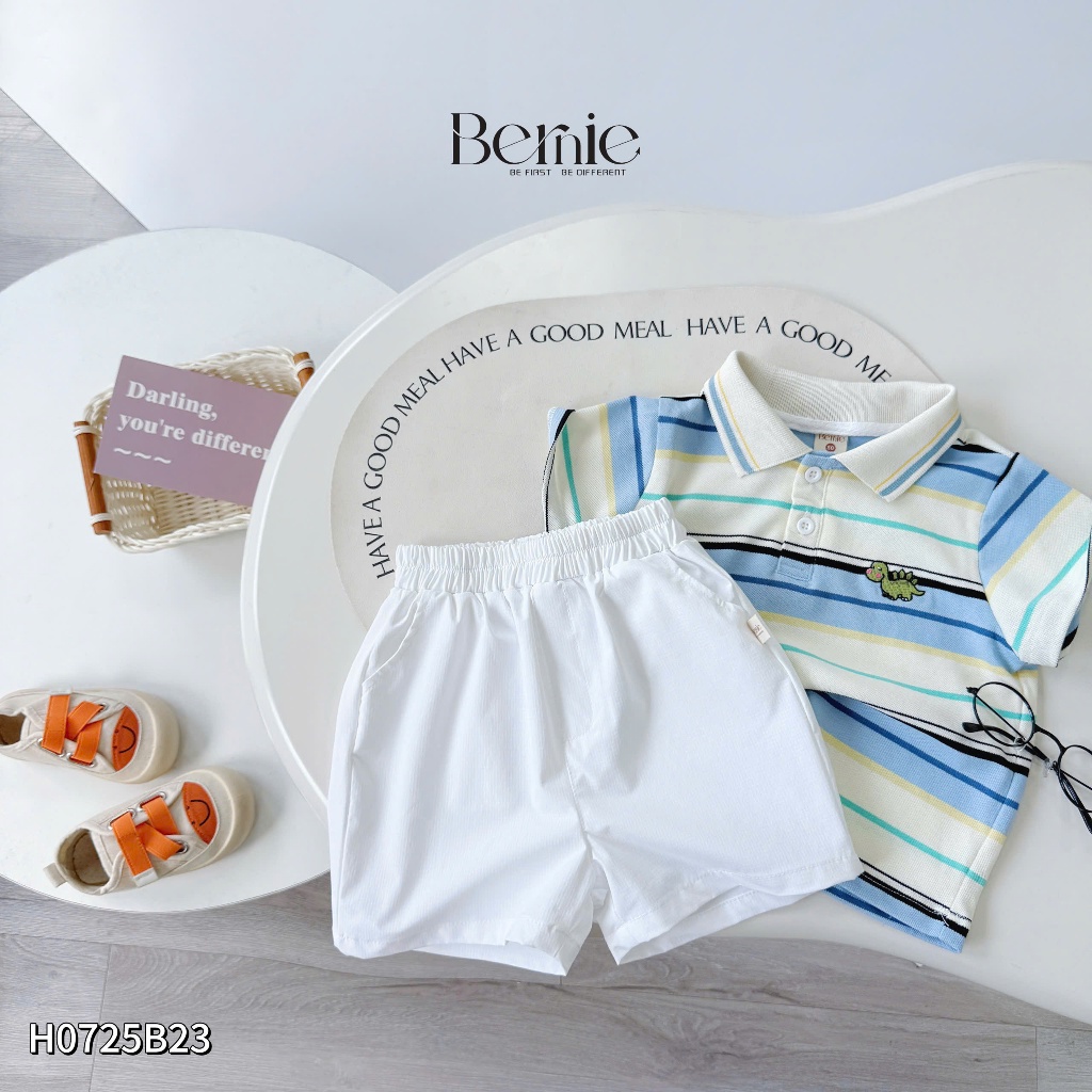 Bộ polo kẻ ngang thêu khủng long xanh, set polo cotton co dãn phối quần gió sành điệu H0725B23