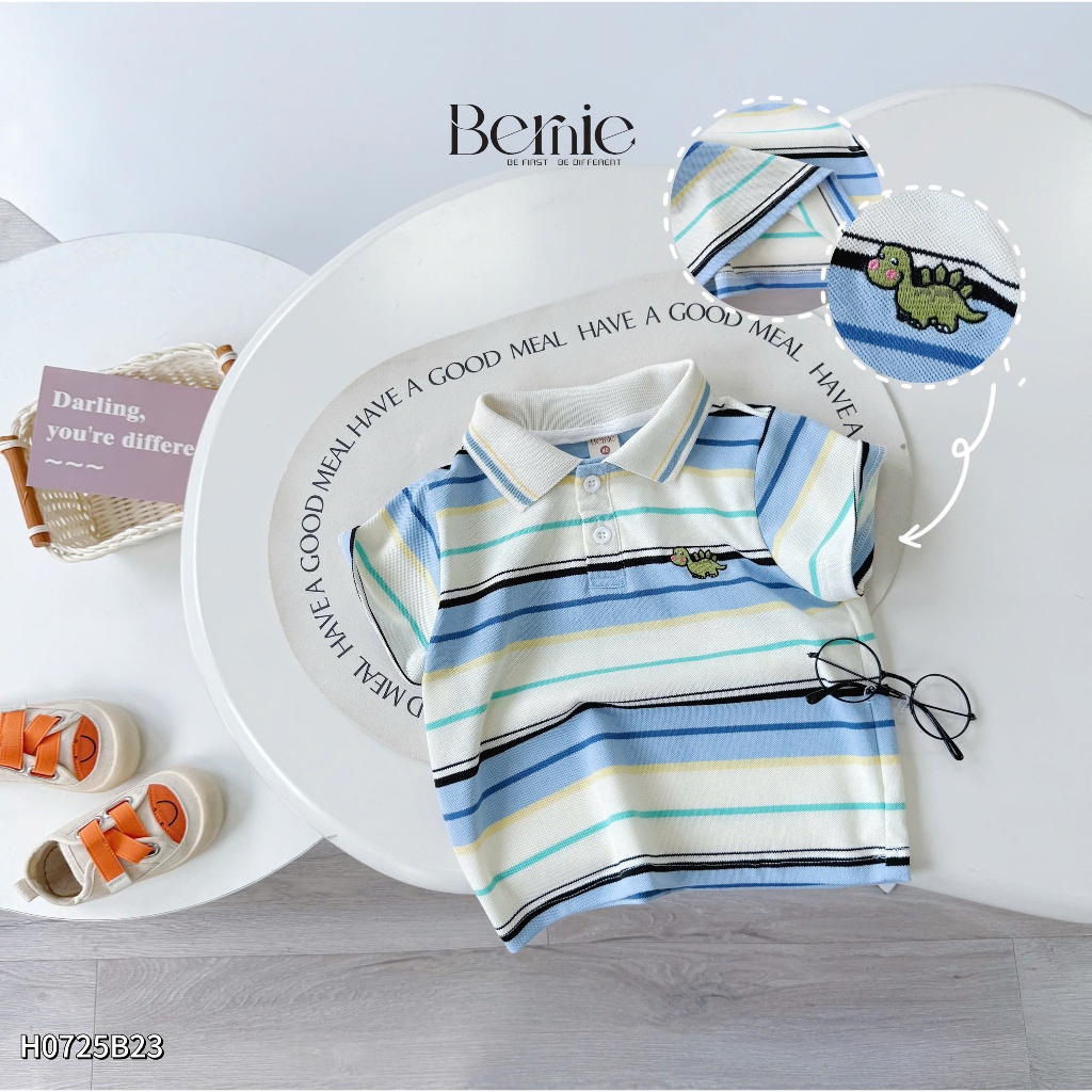 Bộ polo kẻ ngang thêu khủng long xanh, set polo cotton co dãn phối quần gió sành điệu H0725B23