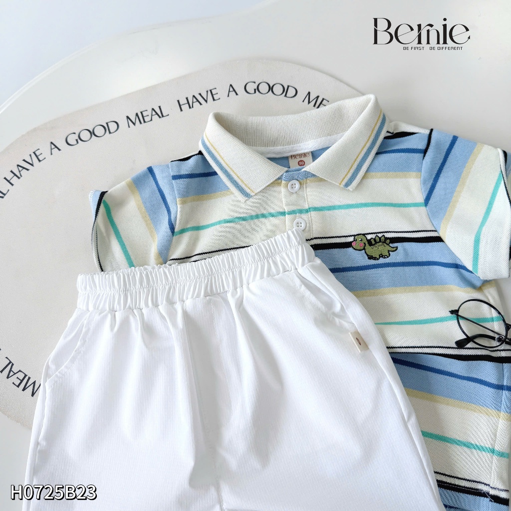 Bộ polo kẻ ngang thêu khủng long xanh, set polo cotton co dãn phối quần gió sành điệu H0725B23