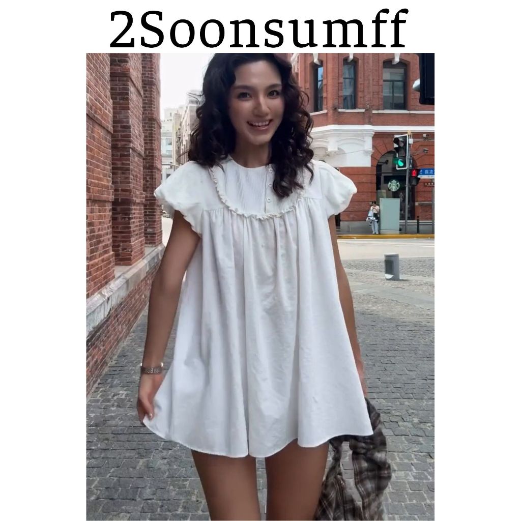 [HỎA TỐC HÀ NỘI]2Soonsumff Váy babydoll dáng ngắn xòe tay ngắn cổ tròn kèm quần short ngắn lưng chun phong cách hàn quốc