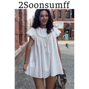 2Soonsumff Váy babydoll dáng ngắn xòe tay ngắn cổ tròn kèm quần short ngắn lưng chun phong cách hàn quốc