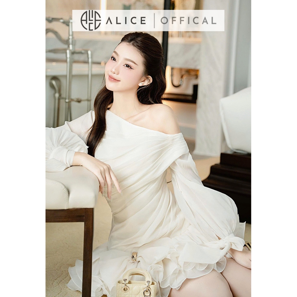 Váy Nữ Dự Tiệc Cao Cấp Alice Chất Tơ Óng Hàn Lót Lụa, Đầm Ngắn Lệch Vai Tay Bồng Dài Buộc Nơ V1403