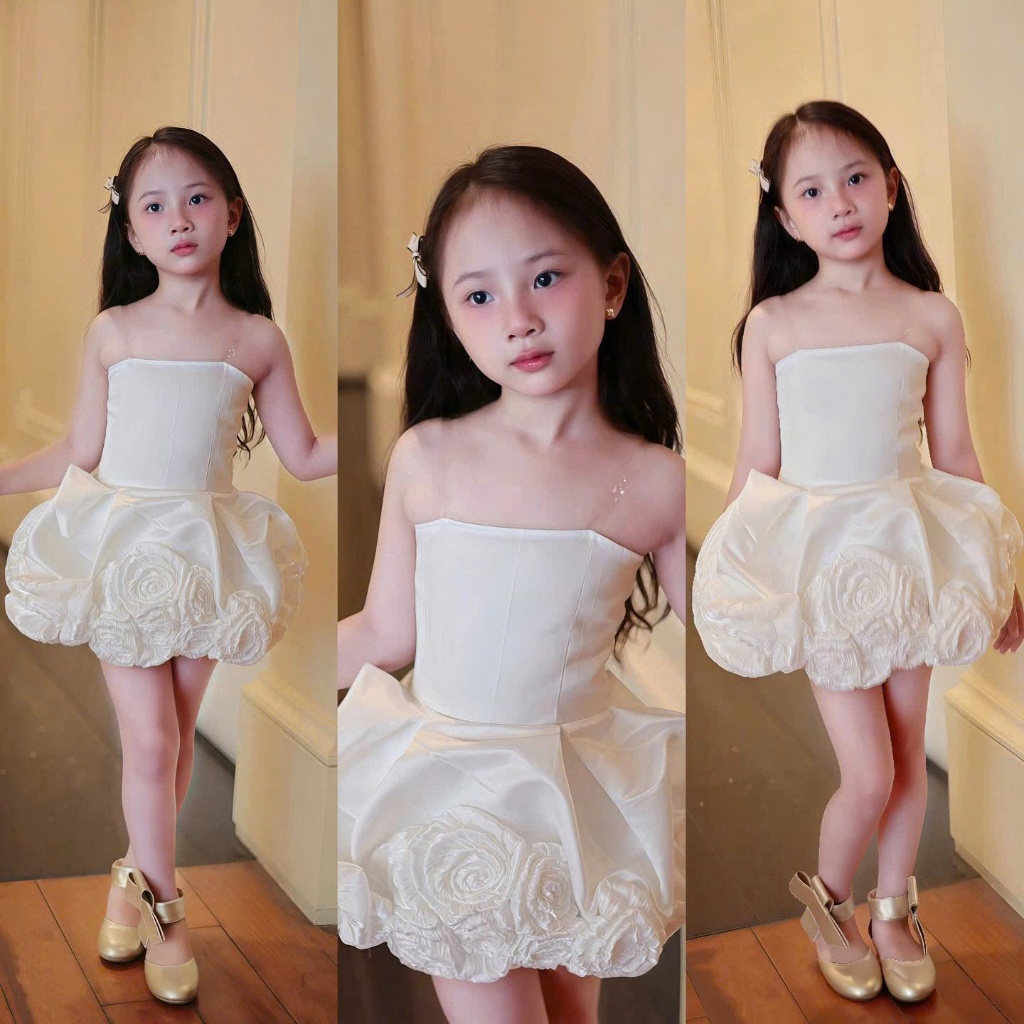 Đầm bé gái cao cấp đính hoa thủ công 3D hàng thiết kế công chúa chuẩn form vải ,váy dự tiệc sinh nhật mẹ và bé gái