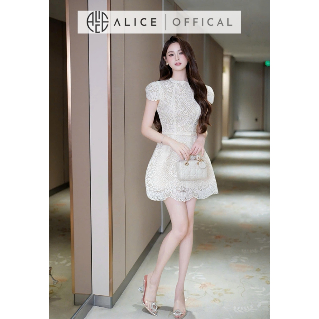 Váy Dự Tiệc Tiểu Thư Alice Chất Ren Mềm, Đầm Ngắn Chữ A Cổ Tròn Tay Ngắn Bồng Nữ Tính Đính Nơ Eo V1409