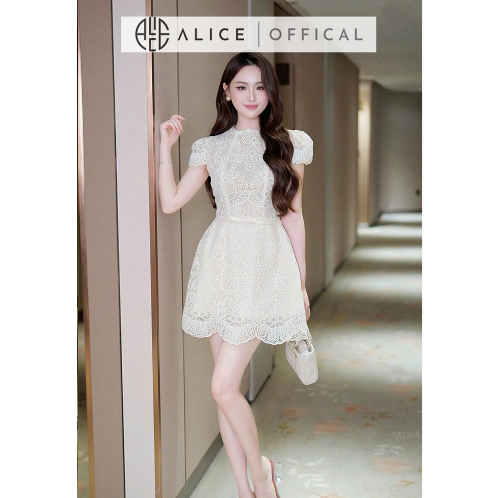 Váy Dự Tiệc Tiểu Thư Alice Chất Ren Mềm, Đầm Ngắn Chữ A Cổ Tròn Tay Ngắn Bồng Nữ Tính Đính Nơ Eo V1409