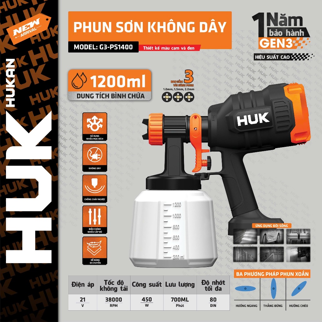 Thân Máy Phun Sơn Pin 21V HUKAN G1-PSP1202 | Bình 1200ml |Phun Sơn Cầm Tay | 4 Đầu Phun Không Dây
