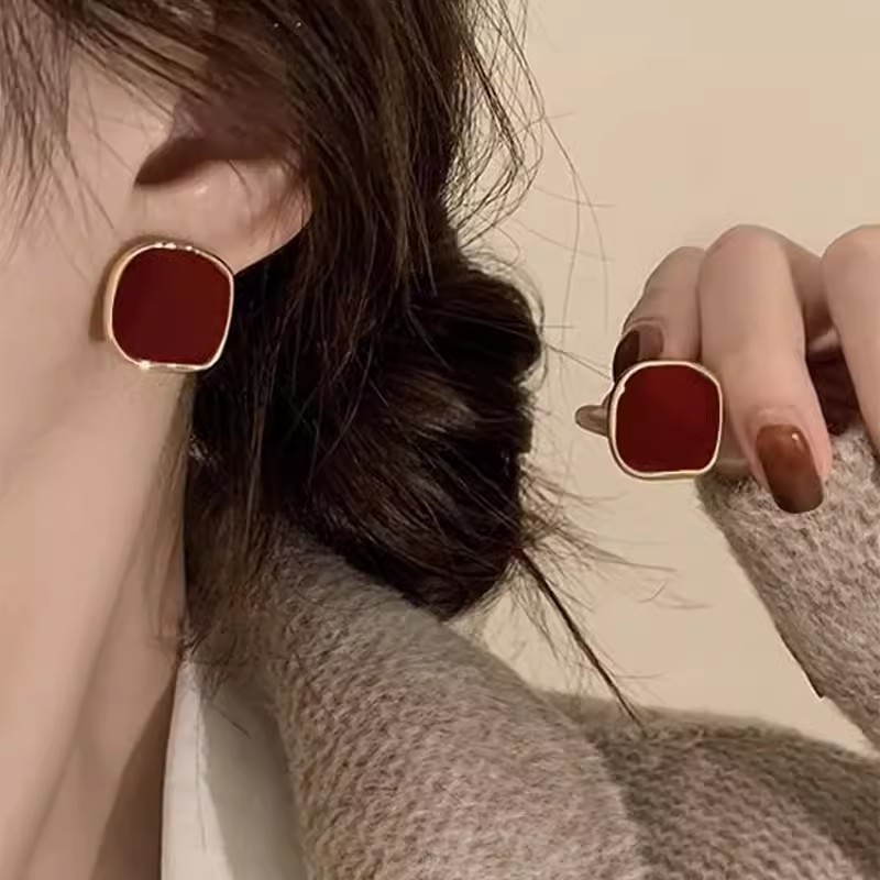 Bông Tai Giọt Dầu Vuông Đỏ Kim Bạc S925 Phong Cách Pháp Cổ Điển Xu Hướng Mới Dành Cho Nữ
