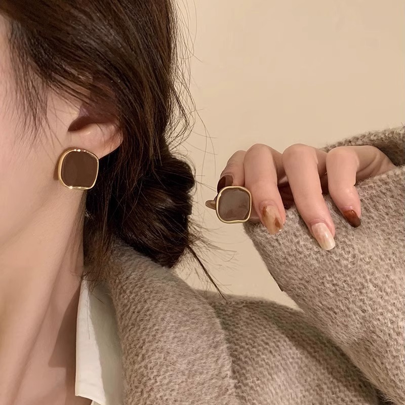 Bông Tai Giọt Dầu Vuông Đỏ Kim Bạc S925 Phong Cách Pháp Cổ Điển Xu Hướng Mới Dành Cho Nữ