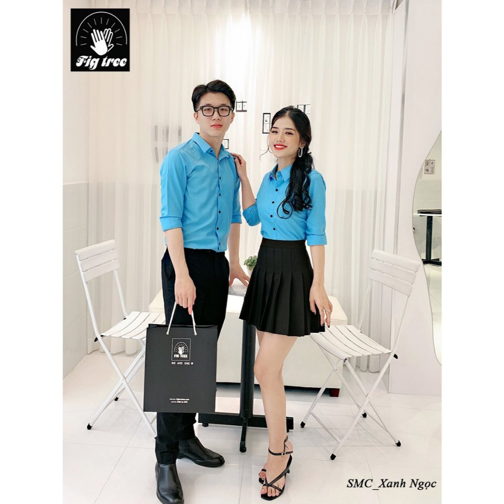 Set Áo Sơ Mi Đôi Fig Tree Màu Xanh Ngọc Đi Học, Đi Làm Thanh Lịch ( có bigsize đến 110kg)