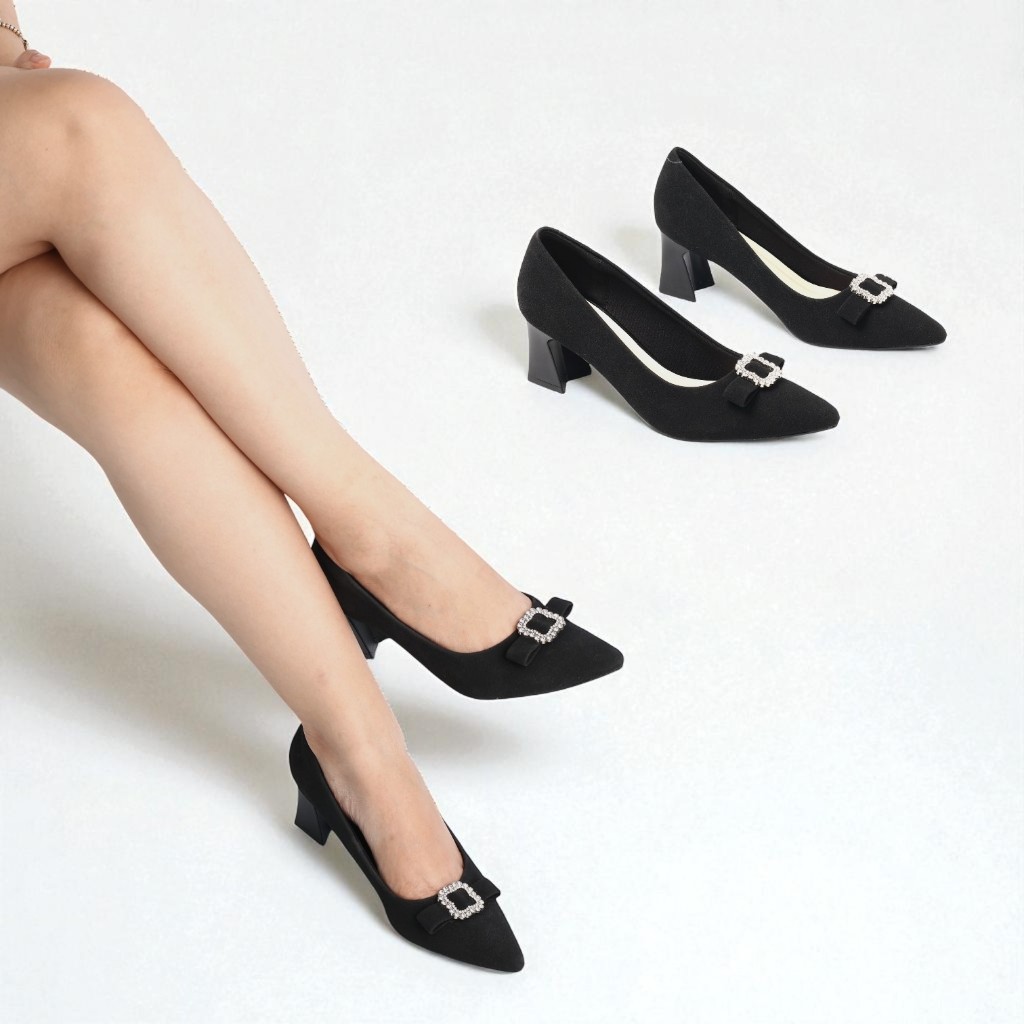 Giày Cao Gót 5cm Da Sáp Gót Vuông Phối Nơ Khóa H405