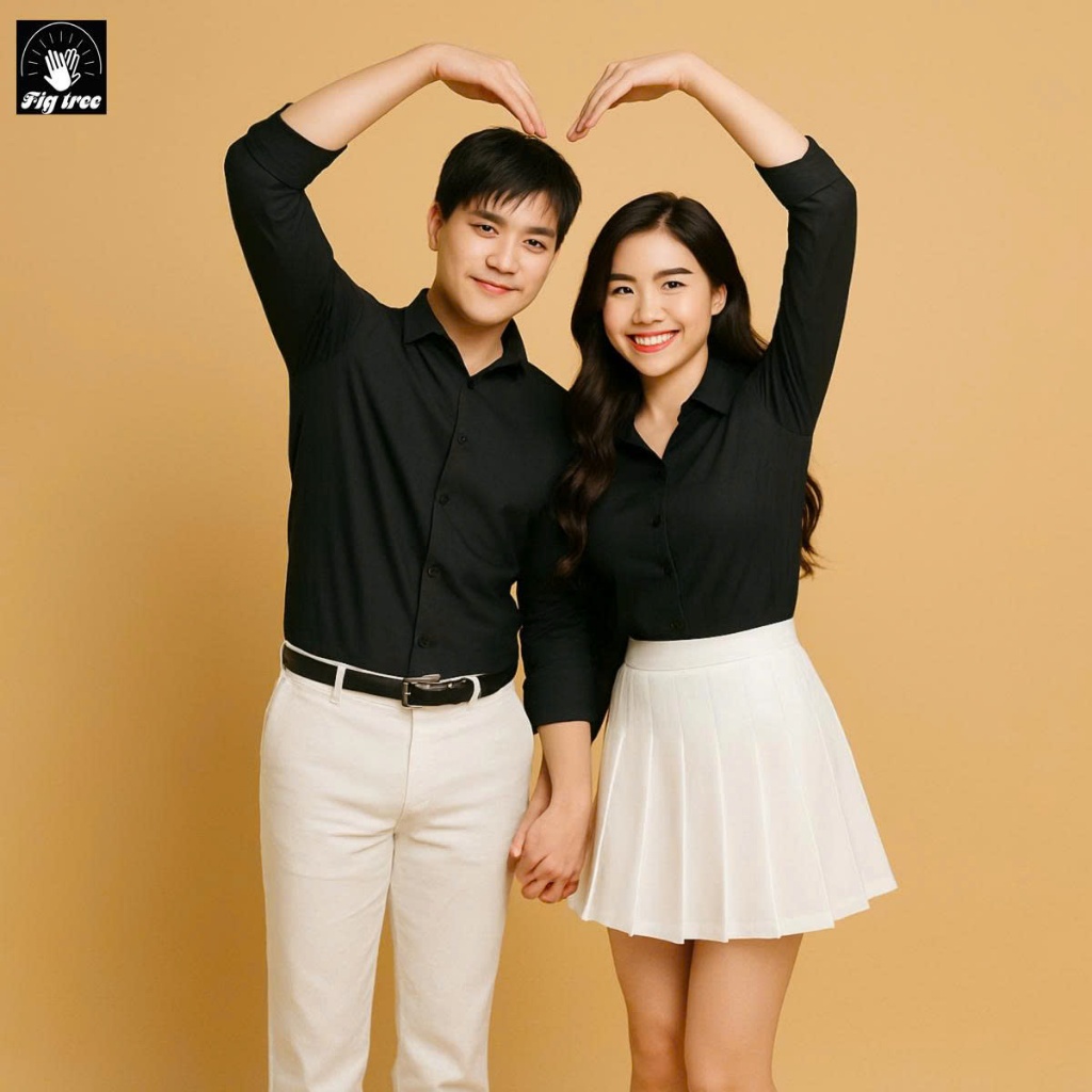 Set Áo Sơ Mi Đôi Fig Tree Màu Đen, Chất Cotton Trơn, Hàng Thiết kế Nhiều Size