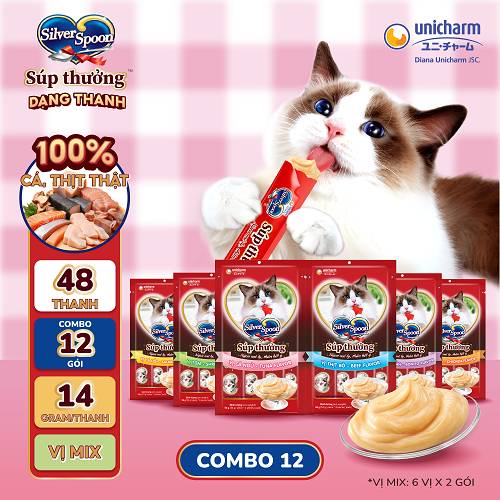 [V] [Combo 12 gói] 48 Thanh Súp thưởng Silver Spoon cho mèo (14g/thanh) - 6 Vị Thơm Ngon