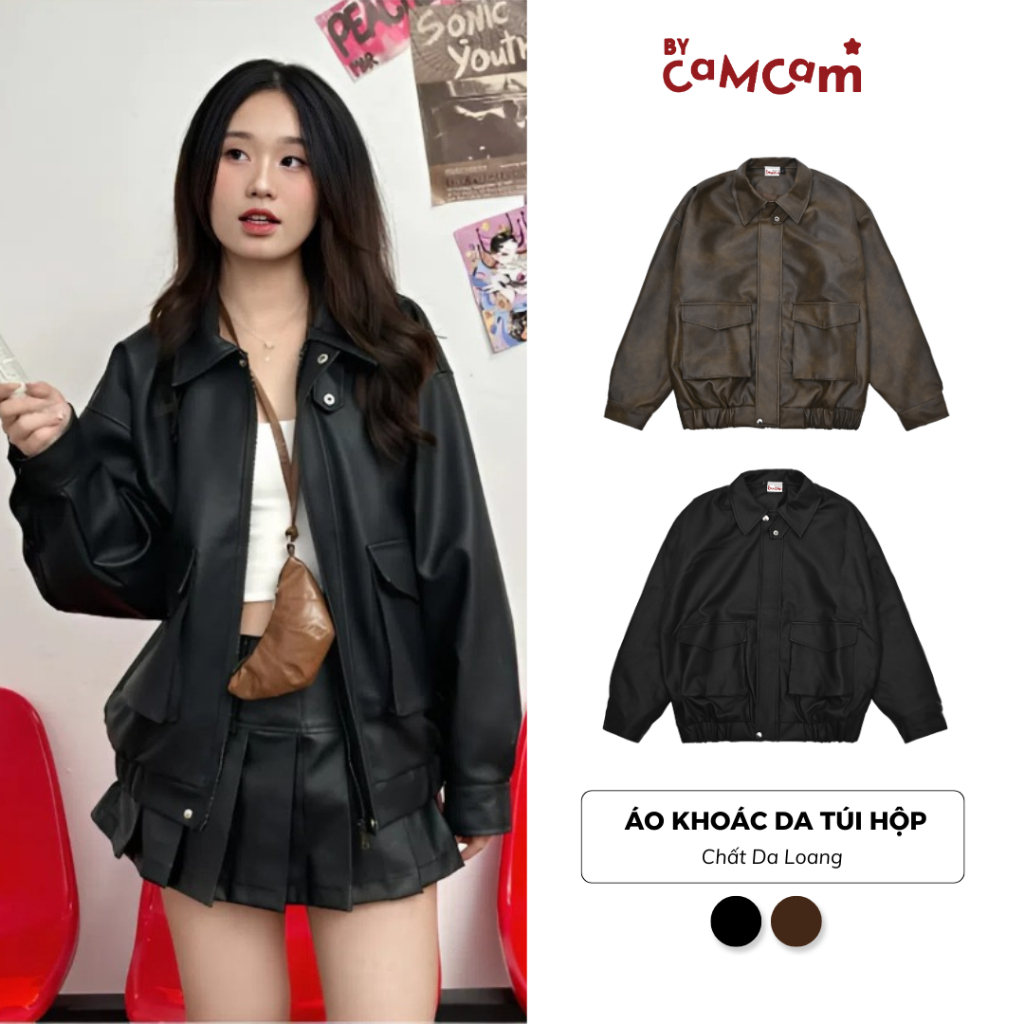 Áo Khoác Da Loang 𝑩𝒚𝒄𝒂𝒎𝒄𝒂𝒎 Phối Túi Hộp Cao Cấp Phong Cách Retro Đường Phố AKHD011