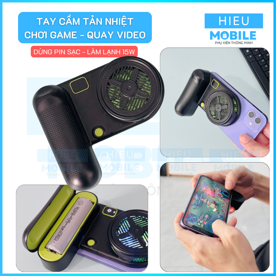 Tay cầm gắn điện thoại có tản nhiệt sò lạnh dùng pin sạc 5000mAh chống nóng chống mỏi tay khi chơi game, quay video